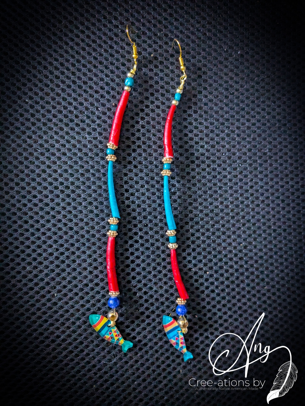 Indigenous Red & Turquoise Dentalium Shell Tribal Fish Drop Dangle Earrings